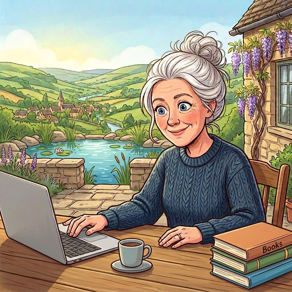 Illustrated portrait of Joy Wren with her laptop, overlooking the Cotswolds